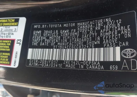 2012 Toyota Corolla S/Le from USA, damaged, VIN 2T1BU4EE6CC832476